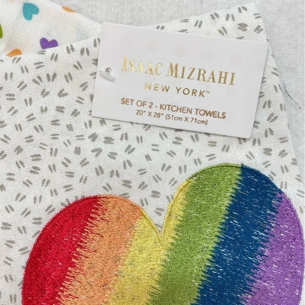 ISAAC MIZRAHI Embroidered Kitchen Tea Towels SET of 2 Rainbow LOVE hearts NEW